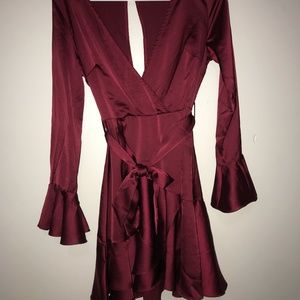 Dark Red, V Neck, Long Sleeve, Ruffle Dress